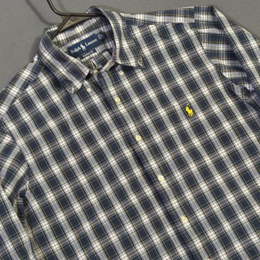 Ralph Lauren Shirt Men's L Blue Plaid Classic Fit Long Sleeve Button Down Flaw